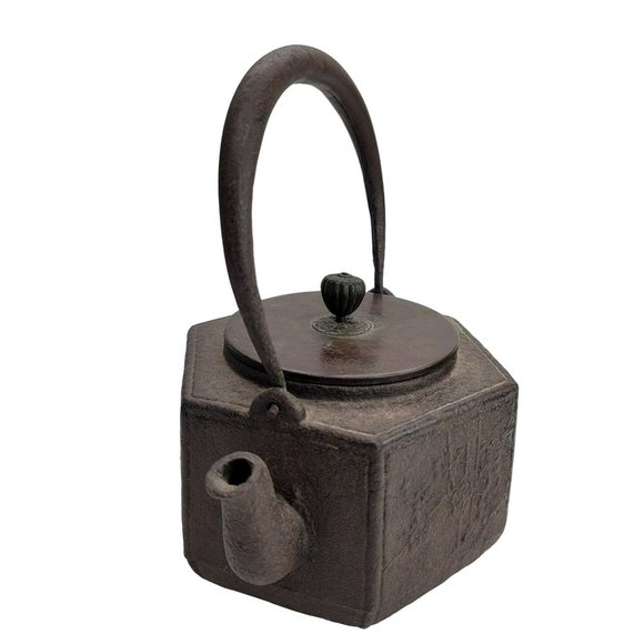 Japanese Cast Iron Teapot Copper Signed Hexagonal Antique Tetsubin CT407 - Picture 11 of 13